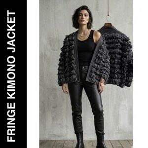 Rare Avant-Garde Shaggy Fringe Open Front Faded Black Kimono Jacket XL - Unisex